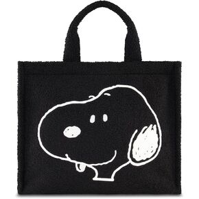 Concept One Snoopy Tote Bag, Faux Fur Travel Handbag with Adjustable Shoulder Strap and Trolley Sleeve, Black