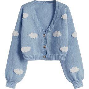 SHENHE Women's Cloud Print Button Down Sweaters V Neck Long Sleeve Crop Cardigan Top