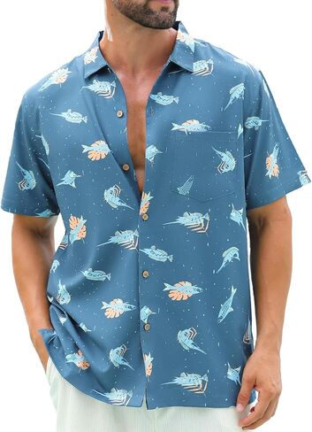 قميص هاواي من Angel Season للرجال بأكمام قصيرة وأزرار سفلية، قمصان صيفية استوائية مرحة، كاجوال لقضاء عطلات الشاطئ in Kuwait