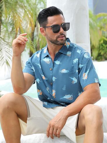قميص هاواي من Angel Season للرجال بأكمام قصيرة وأزرار سفلية، قمصان صيفية استوائية مرحة، كاجوال لقضاء عطلات الشاطئ in Kuwait
