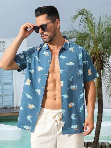 قميص هاواي من Angel Season للرجال بأكمام قصيرة وأزرار سفلية، قمصان صيفية استوائية مرحة، كاجوال لقضاء عطلات الشاطئ in Kuwait