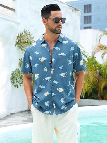 قميص هاواي من Angel Season للرجال بأكمام قصيرة وأزرار سفلية، قمصان صيفية استوائية مرحة، كاجوال لقضاء عطلات الشاطئ in Kuwait