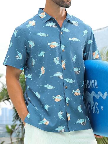 قميص هاواي من Angel Season للرجال بأكمام قصيرة وأزرار سفلية، قمصان صيفية استوائية مرحة، كاجوال لقضاء عطلات الشاطئ in Kuwait