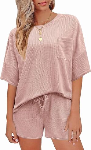 Andeip Pajamas Womens Waffle Knit Lounge Set Short Sleeve Top and Shorts 2 Piece Loungewear Outfits Pj Sets with Pockets in Saudi Arabia