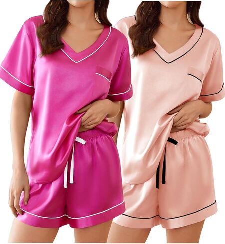 Ekouaer 2 Pack Silk Pajamas for Women Short Sleeve Satin Pj Set Soft V neck Sleepwear Loungewear, S-XXL in Saudi Arabia