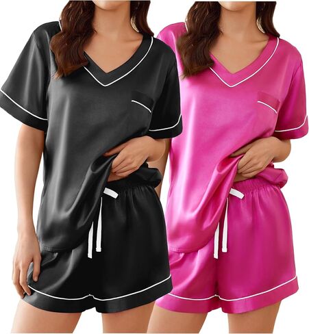 Ekouaer 2 Pack Silk Pajamas for Women Short Sleeve Satin Pj Set Soft V neck Sleepwear Loungewear, S-XXL in Saudi Arabia