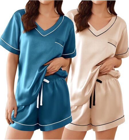 Ekouaer 2 Pack Silk Pajamas for Women Short Sleeve Satin Pj Set Soft V neck Sleepwear Loungewear, S-XXL in Saudi Arabia