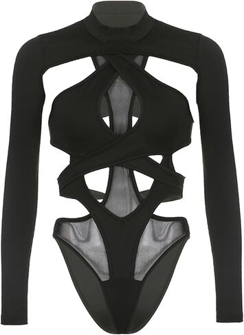 Women Rave Outfits Neon Bodysuit Crop Top Long Sleeve Swimsuits Mesh Shrug with Buckle for Festival Club Party (Black, Medium) in Saudi Arabia
