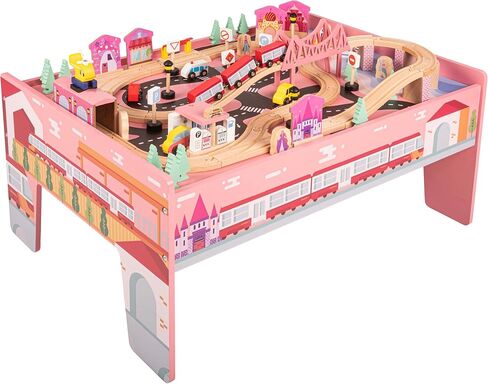 Wooden Train Set - 75-Piece Play Set with Tracks, Vehicles, Buildings, Characters, Illustrated Playing Surface, and Activity Table by Hey Play (Pink) in Kuwait