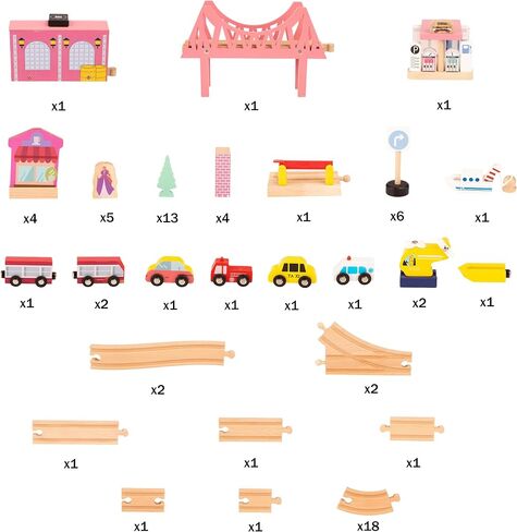 Wooden Train Set - 75-Piece Play Set with Tracks, Vehicles, Buildings, Characters, Illustrated Playing Surface, and Activity Table by Hey Play (Pink) in Kuwait