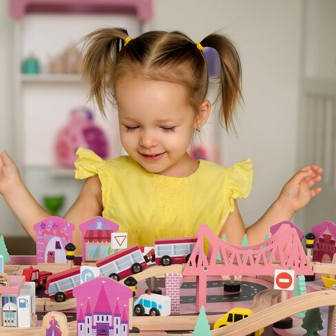 Wooden Train Set - 75-Piece Play Set with Tracks, Vehicles, Buildings, Characters, Illustrated Playing Surface, and Activity Table by Hey Play (Pink) in Kuwait