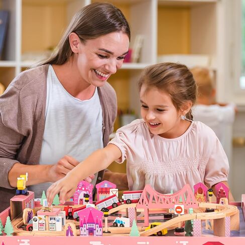 Wooden Train Set - 75-Piece Play Set with Tracks, Vehicles, Buildings, Characters, Illustrated Playing Surface, and Activity Table by Hey Play (Pink) in Kuwait