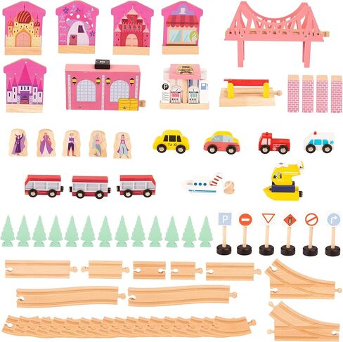 Wooden Train Set - 75-Piece Play Set with Tracks, Vehicles, Buildings, Characters, Illustrated Playing Surface, and Activity Table by Hey Play (Pink) in Kuwait