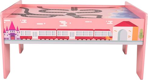 Wooden Train Set - 75-Piece Play Set with Tracks, Vehicles, Buildings, Characters, Illustrated Playing Surface, and Activity Table by Hey Play (Pink) in Kuwait