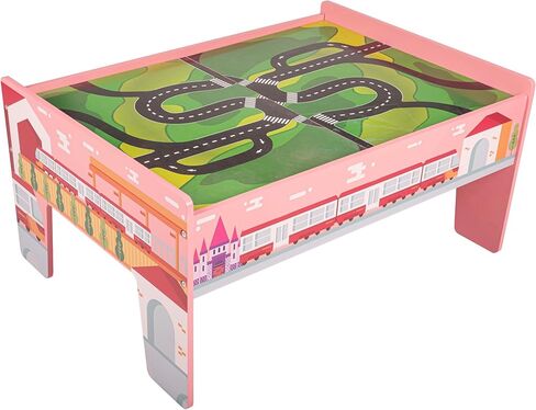 Wooden Train Set - 75-Piece Play Set with Tracks, Vehicles, Buildings, Characters, Illustrated Playing Surface, and Activity Table by Hey Play (Pink) in Kuwait