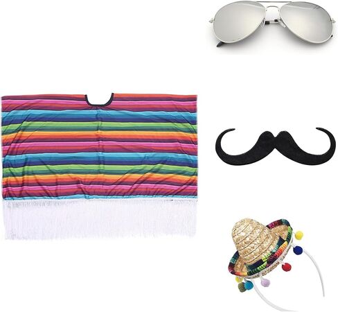 NUMJAW المكسيكي زي تاكو زي الكبار للحزب فييستا سينكو دي مايو، المكسيكي المعطف سومبريرو سيراب، قبعة مكسيكية العباءات الكبار المكسيكي هالوين ازياء الملحقات مع النظارات الشمسية والشارب in Kuwait