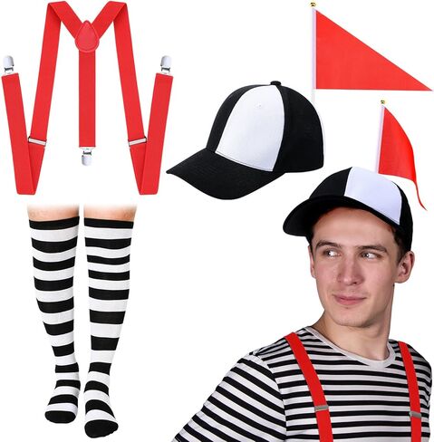 yahenda 3 قطع زي الهالوين الذي يذاكر كثيرا باللونين الأبيض والأسود وقبعة سخيفة مع علم أحمر فوق الركبة وجوارب مخططة وقابل للتعديل على شكل حرف Y من الخلف ملحقات أزياء المهرج للبالغين والنساء والرجال in Kuwait