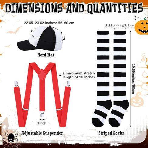 yahenda 3 قطع زي الهالوين الذي يذاكر كثيرا باللونين الأبيض والأسود وقبعة سخيفة مع علم أحمر فوق الركبة وجوارب مخططة وقابل للتعديل على شكل حرف Y من الخلف ملحقات أزياء المهرج للبالغين والنساء والرجال in Kuwait