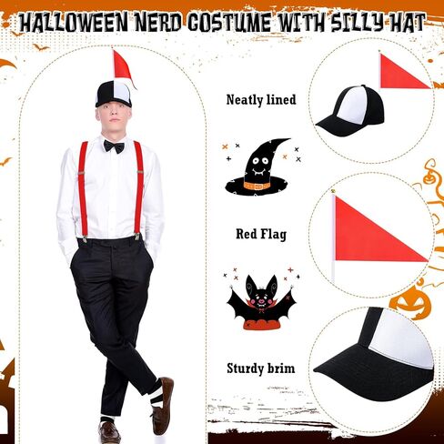 yahenda 3 قطع زي الهالوين الذي يذاكر كثيرا باللونين الأبيض والأسود وقبعة سخيفة مع علم أحمر فوق الركبة وجوارب مخططة وقابل للتعديل على شكل حرف Y من الخلف ملحقات أزياء المهرج للبالغين والنساء والرجال in Kuwait