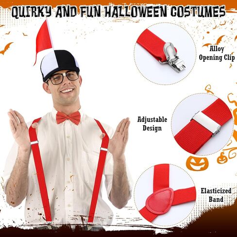 yahenda 3 قطع زي الهالوين الذي يذاكر كثيرا باللونين الأبيض والأسود وقبعة سخيفة مع علم أحمر فوق الركبة وجوارب مخططة وقابل للتعديل على شكل حرف Y من الخلف ملحقات أزياء المهرج للبالغين والنساء والرجال in Kuwait