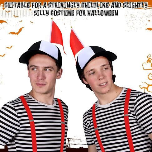yahenda 3 قطع زي الهالوين الذي يذاكر كثيرا باللونين الأبيض والأسود وقبعة سخيفة مع علم أحمر فوق الركبة وجوارب مخططة وقابل للتعديل على شكل حرف Y من الخلف ملحقات أزياء المهرج للبالغين والنساء والرجال in Kuwait