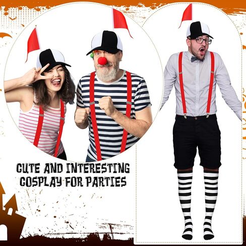 yahenda 3 قطع زي الهالوين الذي يذاكر كثيرا باللونين الأبيض والأسود وقبعة سخيفة مع علم أحمر فوق الركبة وجوارب مخططة وقابل للتعديل على شكل حرف Y من الخلف ملحقات أزياء المهرج للبالغين والنساء والرجال in Kuwait