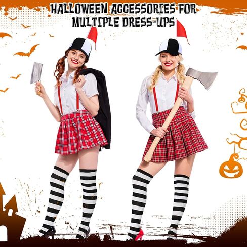 yahenda 3 قطع زي الهالوين الذي يذاكر كثيرا باللونين الأبيض والأسود وقبعة سخيفة مع علم أحمر فوق الركبة وجوارب مخططة وقابل للتعديل على شكل حرف Y من الخلف ملحقات أزياء المهرج للبالغين والنساء والرجال in Kuwait