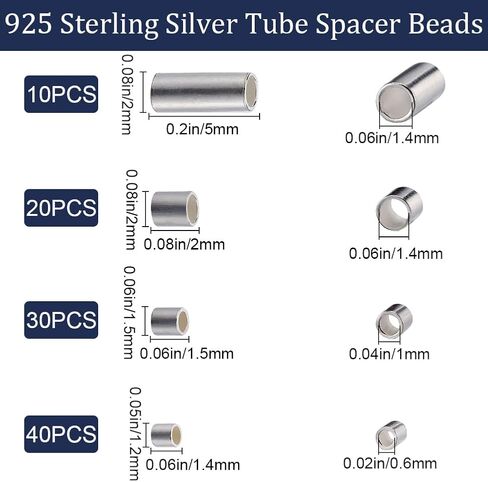 CREATCABIN 100Pcs 4 Sizes 925 Sterling Silver Spacer Beads Column Tiny Loose Small Tube Beads Large Hole Spacer Charms DIY Jewelry Making Supplies Findings Crafts Gift for Necklaces Bracelets Earrings in Saudi Arabia