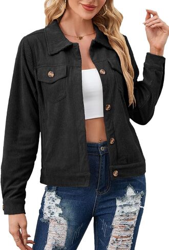 Alaster Queen Women's Corduroy Shacket Lined Jacket Fall Winter Button Down Long Sleeve Cropped Jacket with Pockets in Saudi Arabia
