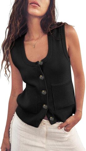 Moss Rose Women's Vests Sleeveless Button Down Knitted Tank Tops Casual Y2K Sweater Top Blouse with Pockets in Kuwait