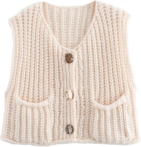Women Button Down Sweater Vest Sleeveless Chunky Knit Casual Cardigans Open Front Cropped Tank Top with Pockets in Saudi Arabia