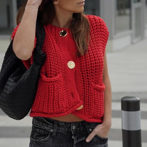 Women Button Down Sweater Vest Sleeveless Chunky Knit Casual Cardigans Open Front Cropped Tank Top with Pockets in Saudi Arabia