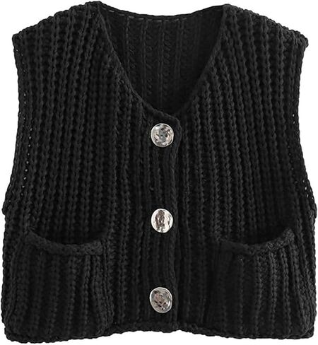 Women Button Down Sweater Vest Sleeveless Chunky Knit Casual Cardigans Open Front Cropped Tank Top with Pockets in Saudi Arabia