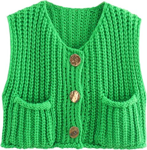 Women Button Down Sweater Vest Sleeveless Chunky Knit Casual Cardigans Open Front Cropped Tank Top with Pockets in Saudi Arabia