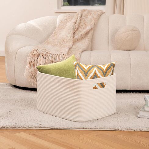 OIAHOMY 75L Large Blanket Basket, 22"x17"x12" Woven Cotton Rope Storage Basket with Handle for Organizing Blanket and Toys for Living Room, Nursery, Brown Variegated in Saudi Arabia