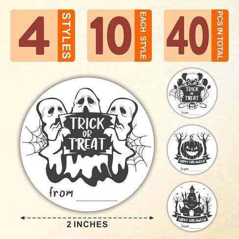 40 Happy Halloween Round Label, 2" Spooky Ghost Round Stickers for Halloween Wrapping, 4 Styles Fill in Style Adhesive Tag, Party Favors & Decorations - A02 in Kuwait