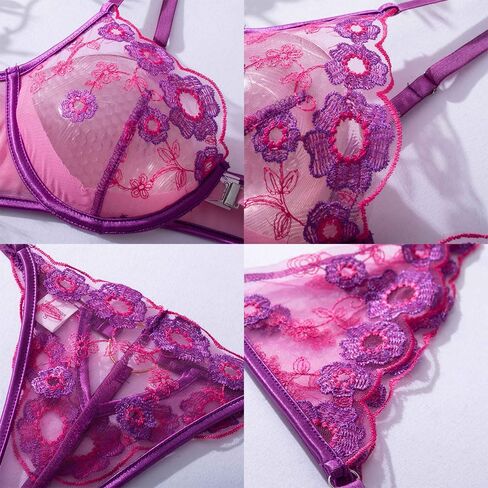 Gogobear Women's Lace Floral Embroidered Lingerie Sets Underwire, G-String, Garter Belt, 3 Pieces Lingerie in Kuwait