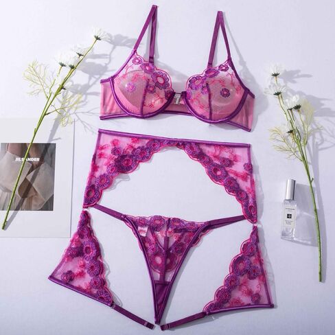 Gogobear Women's Lace Floral Embroidered Lingerie Sets Underwire, G-String, Garter Belt, 3 Pieces Lingerie in Kuwait