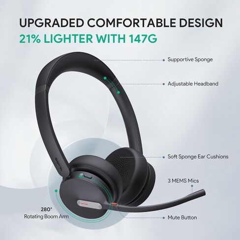 Yealink BH70 Mono Wireless Bluetooth Headset with Microphone for Work, up to 35h Talking Battery Life, 3-Mic Noise Cancellation, 91g Lightweight Microsoft Teams Certified Work Headsets for PC, USB-A in Saudi Arabia