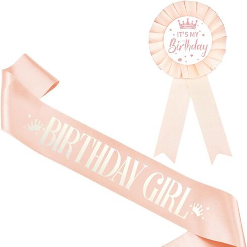 Birthday Girl Ribbon Satin Fabric Birthday Button Pins Tinplate Birthday Award Ribbon Badge Strap Set Party Supplies in Saudi Arabia