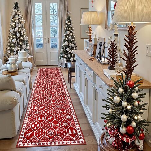 Seavish Christmas Hallway Runner Rug 2x6 Red Kitchen Runner Rugs Non Skid Washable Low Pile Entryway Rugs Indoor Bathroom Rug Runner Soft Carpet Runner for Bedroom Laundry Christmas Decor in Kuwait