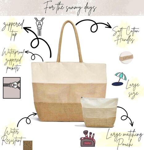 حقيبة شاطئ كبيرة منسوجة بسحاب - بسحاب، مقاومة للماء| حقيبة الصيف - حقيبة قماش الجوت | مع مطابقة مخلب كبير in Kuwait