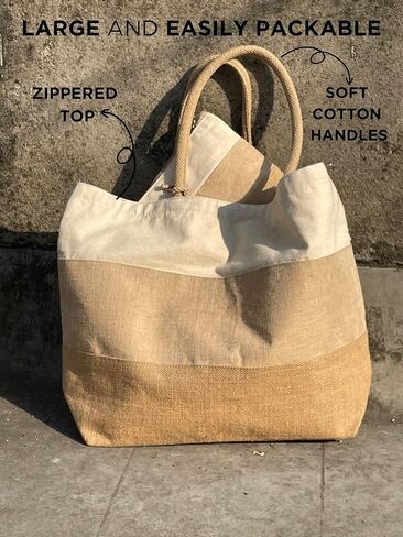 حقيبة شاطئ كبيرة منسوجة بسحاب - بسحاب، مقاومة للماء| حقيبة الصيف - حقيبة قماش الجوت | مع مطابقة مخلب كبير in Kuwait