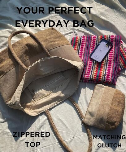 حقيبة شاطئ كبيرة منسوجة بسحاب - بسحاب، مقاومة للماء| حقيبة الصيف - حقيبة قماش الجوت | مع مطابقة مخلب كبير in Kuwait