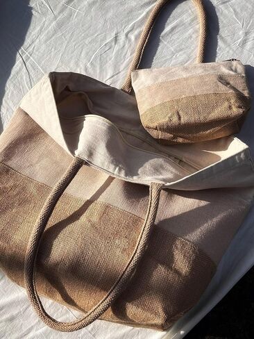 حقيبة شاطئ كبيرة منسوجة بسحاب - بسحاب، مقاومة للماء| حقيبة الصيف - حقيبة قماش الجوت | مع مطابقة مخلب كبير in Kuwait