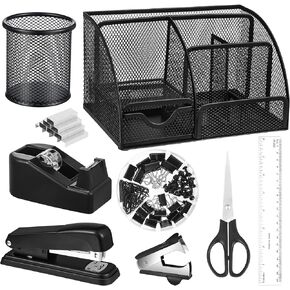 11 in 1 White Desk Organizers and Accessories, White Office Supplies White Desk Accessories Include White Stapler and Tape Dispenser Set Pen Holder Staple Remover Clips Ruler Scissors Tapes Tabs