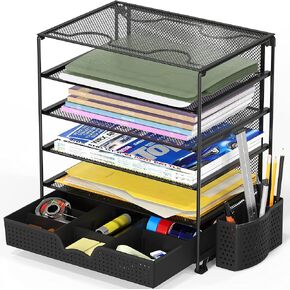 SimpleHouseware 5-Tier Document File Tray with Supplies Sliding Drawer and Pen Bucket, Black