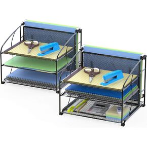 Simple Houseware Desk Organizer 3 Tray w/Sliding Drawer, Hanging File Holder and Pen Holder Accessory, Black