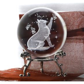 ZEERSHEE 60mm 3D Cat Crystal Ball Glass Laser Engraved Cat Figurine Glass Cat Paperweight for Home Art Decor Crystal Ball with Stand Cat Gift for Cat Lovers Women