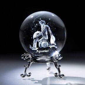 HDCRYSTALGIFTS 3D Inner Carving Constellation Ball Crystal Paperweight Full Sphere Glass Fengshui with Sliver-Plated Flowering Stand(Pisces)